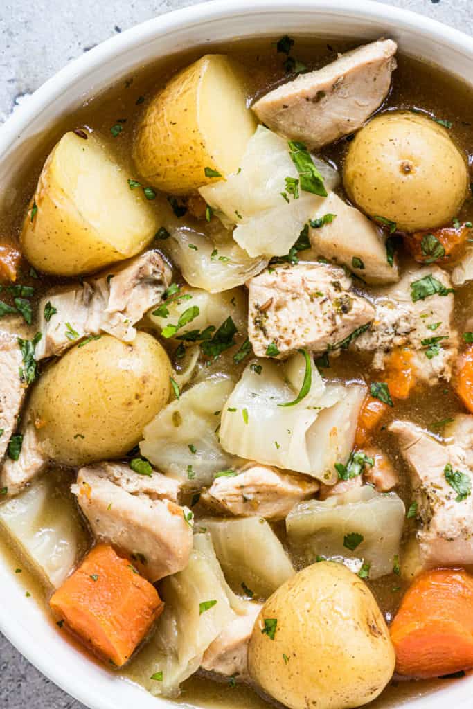 close up view of the completed instant pot chicken stew recipe