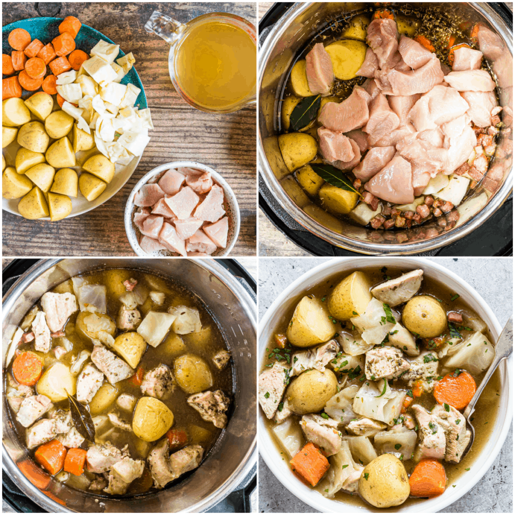 image collage showing the steps for making chicken stew instant pot