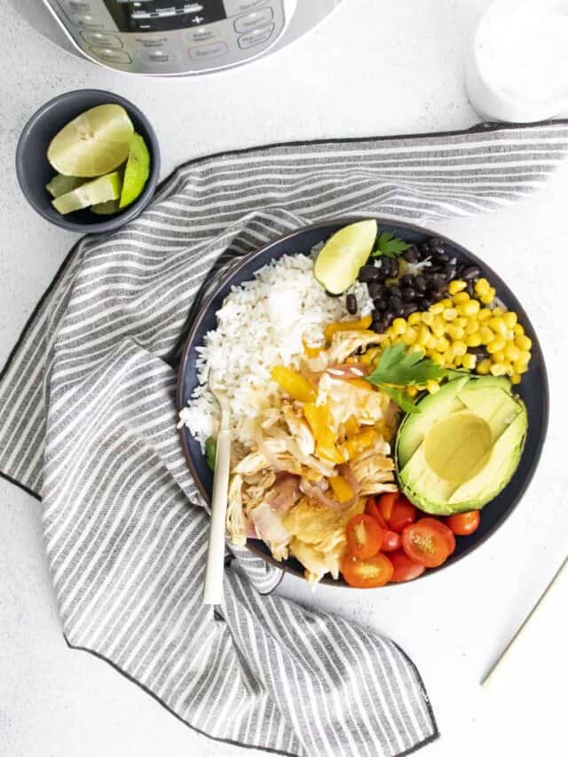 top down view of the completed instant pot chicken burrito bowl recipe