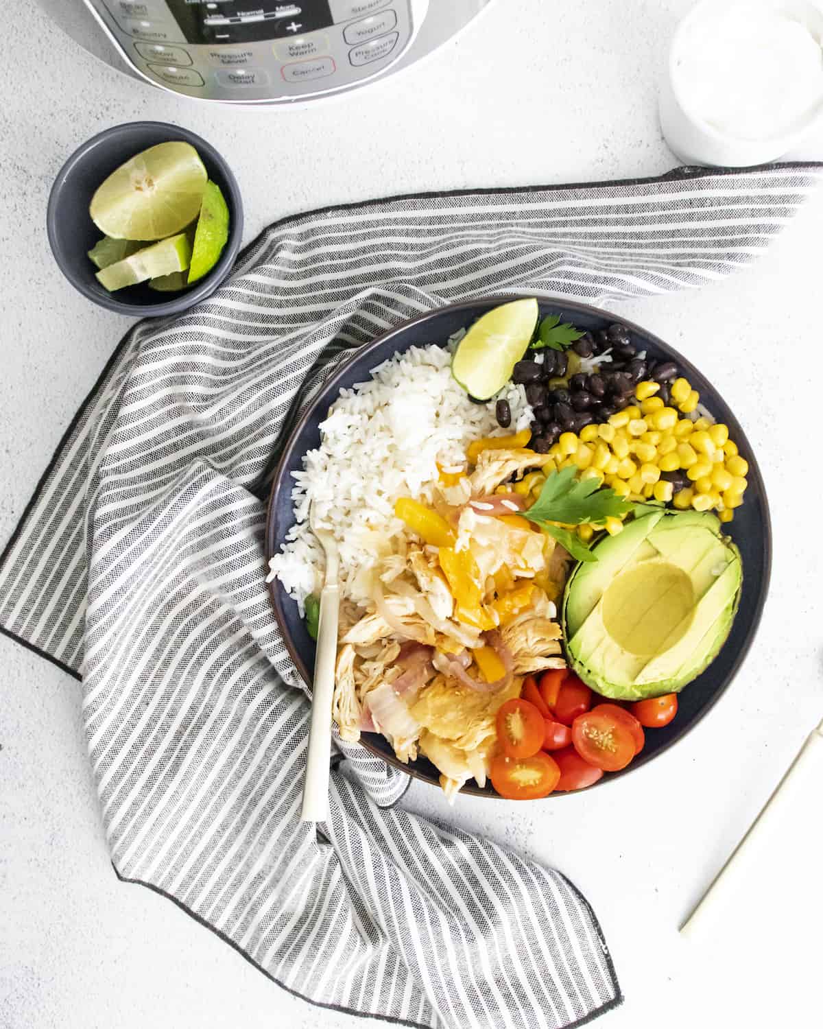 top down view of the completed instant pot chicken burrito bowl recipe