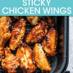 close up of sticky chicken wings in an air fryer