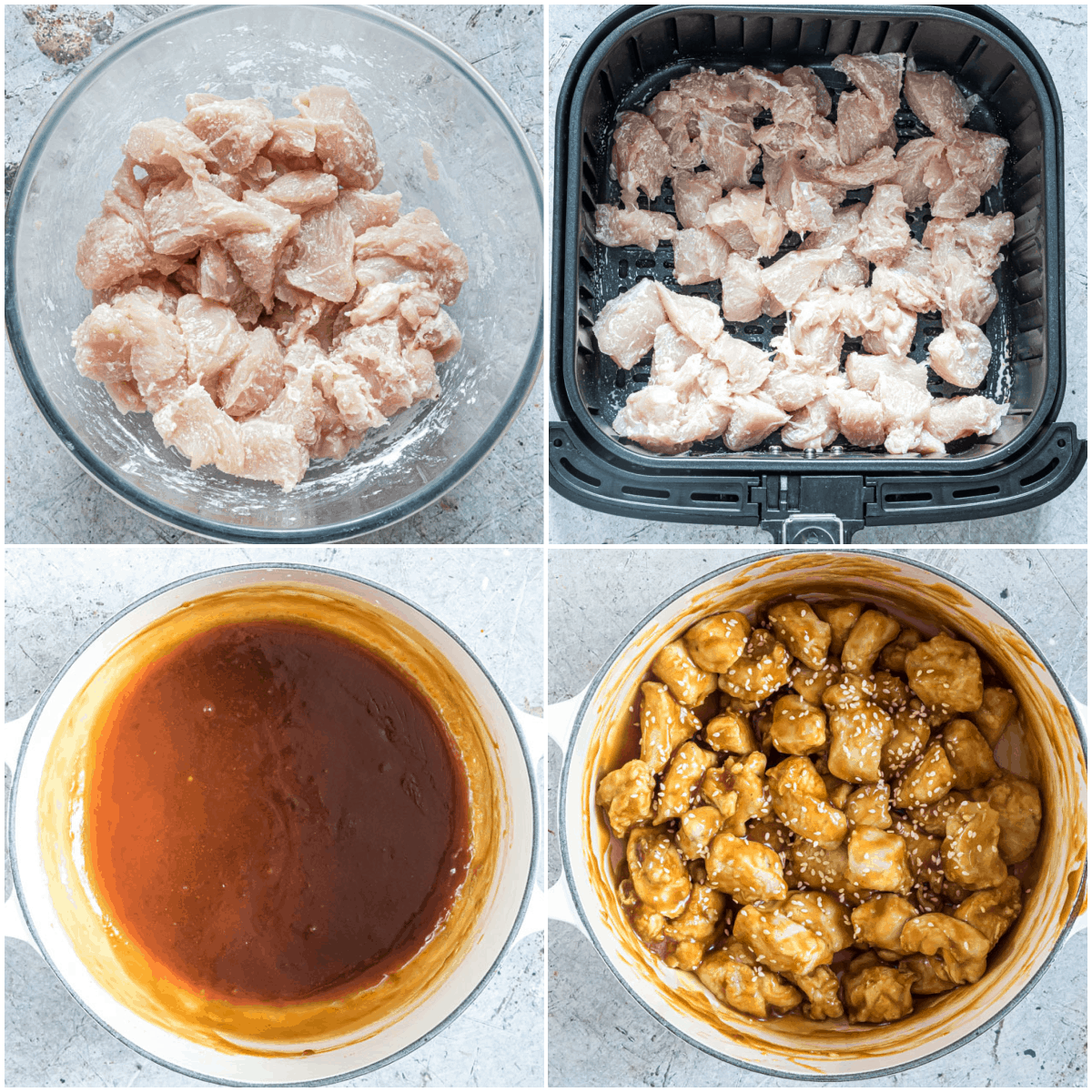 image collage showing the steps for making air fryer orange chicken