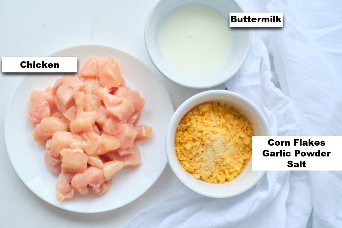 the ingredients needed for making this popcorn chicken air fryer recipe