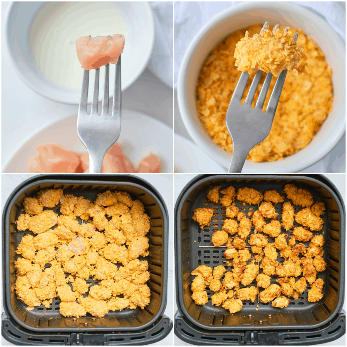 image collage showing the steps for making popcorn chicken in air fryer
