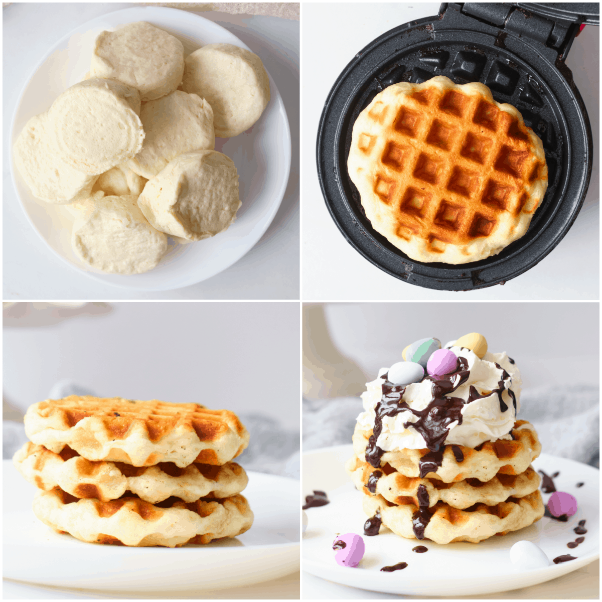 image collage showing the steps for making easter biscuit waffles