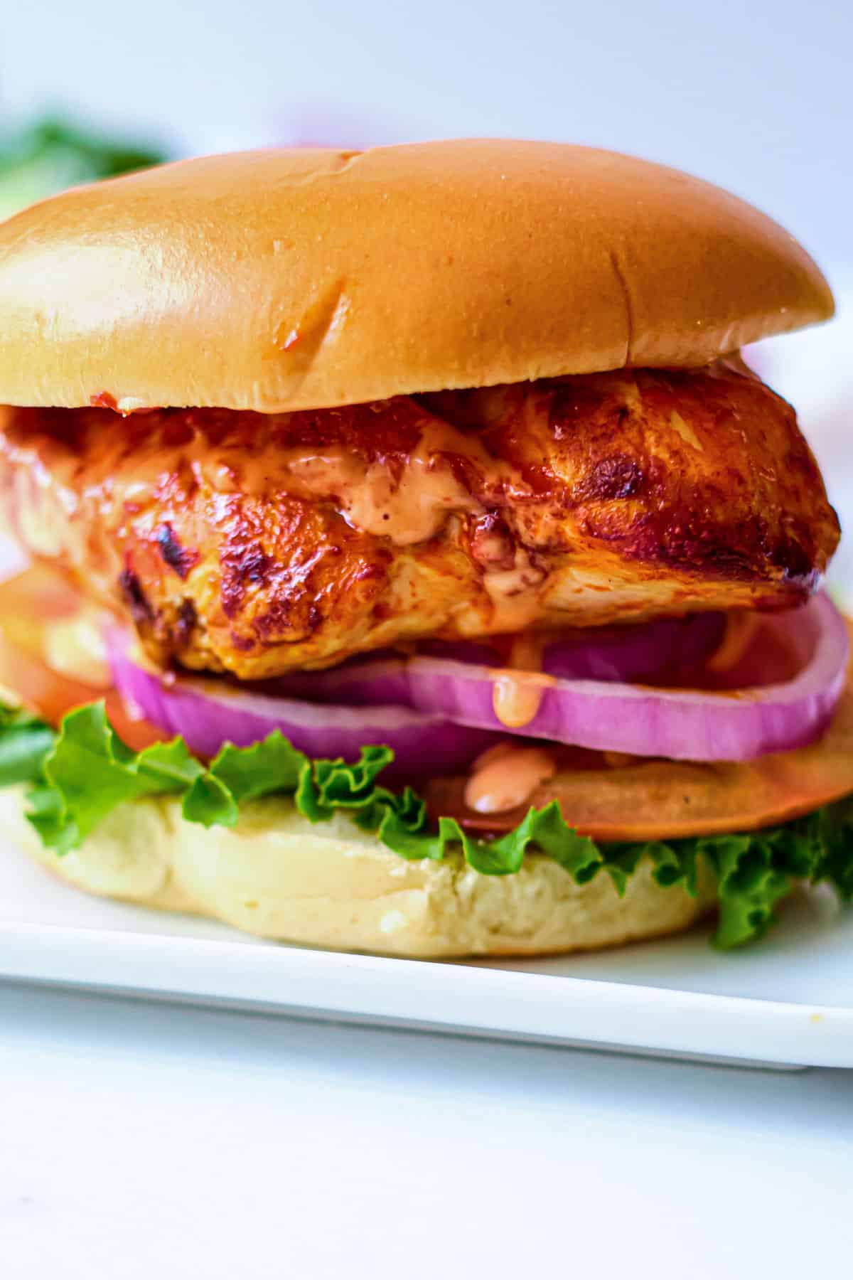 close up view of a completed buffalo chicken sandwich