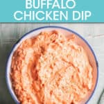 Overhead view of buffalo chicken dip in a bowl