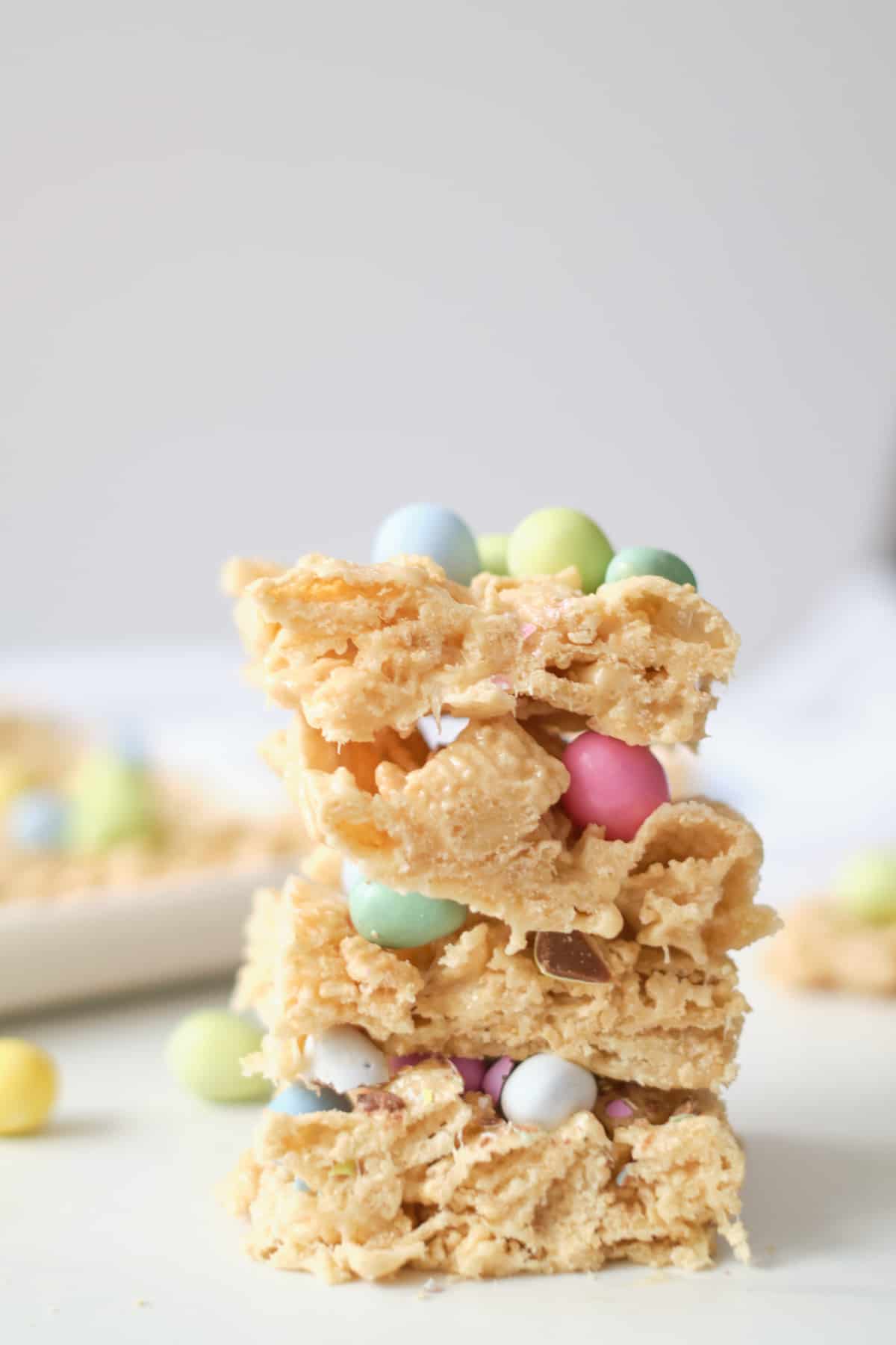 three finished check cereal bars stacked vertically