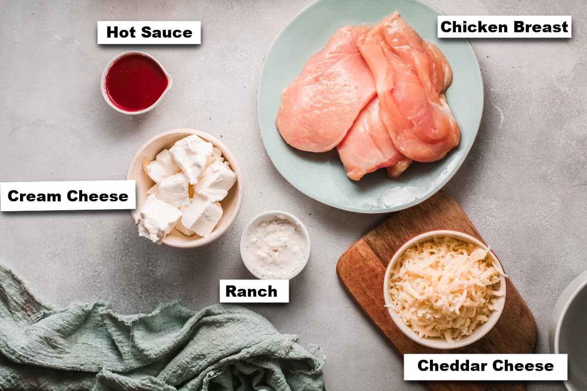 the ingredients needed for making instant pot buffalo chicken dip