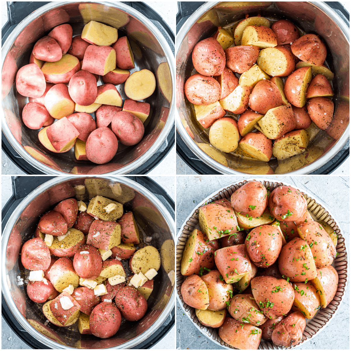 image collage showing the steps for making garlic butter instant pot red potatoes