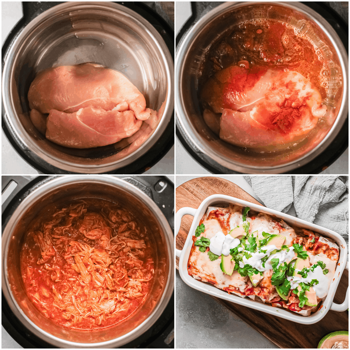 collage showing Instant Pot Chicken Enchiladas Being Made