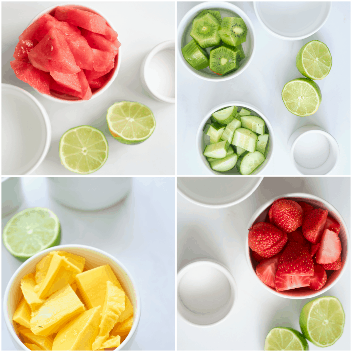 the ingredients needed for making the four different flavor varieties of mexican paletas ice pops