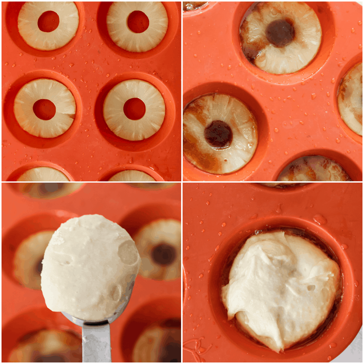 the first steps for making pineapple upside down cupcakes
