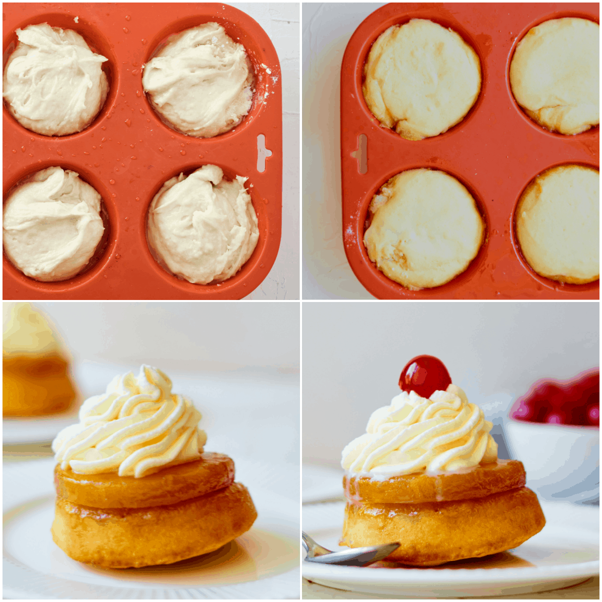 image collage showing the final steps for making pineapple upside down cupcakes