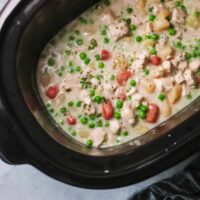 top down view of the crockpot chicken pot pie inside the slow coojer