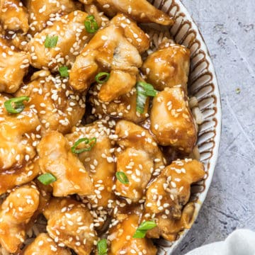 close up view of the completed air fryer orange chicken