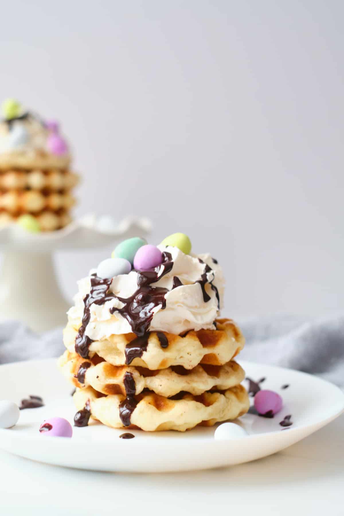 the completed easter biscuit waffles served on a white plate