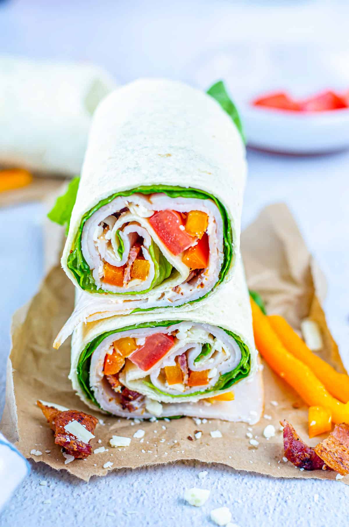 the finished chicken bacon ranch wrap stacked and ready to serve