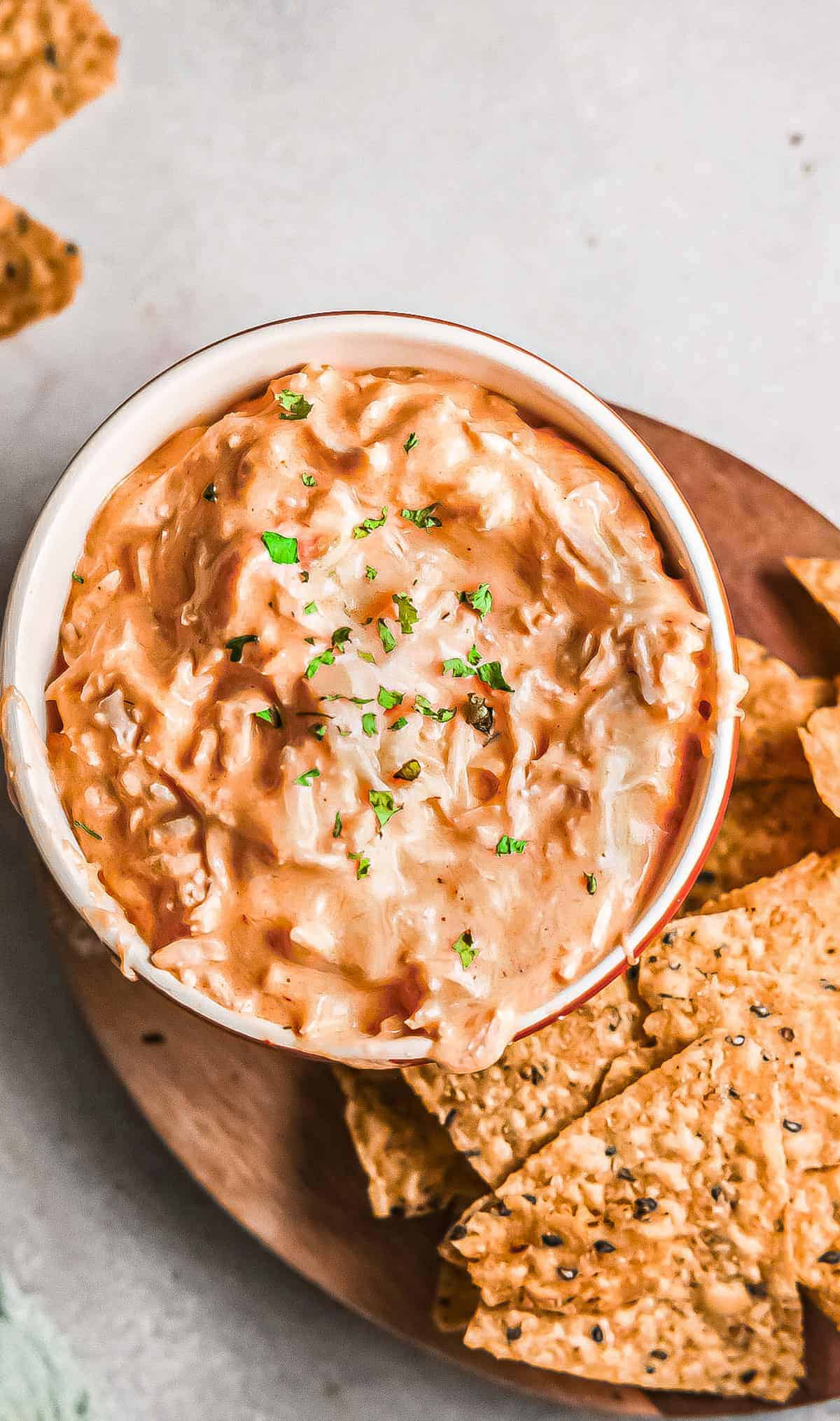top down view of the completed instant pot buffalo chicken dip