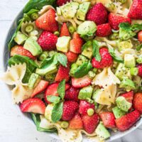 top down view of the finished strawberry avocado pasta salad recipe