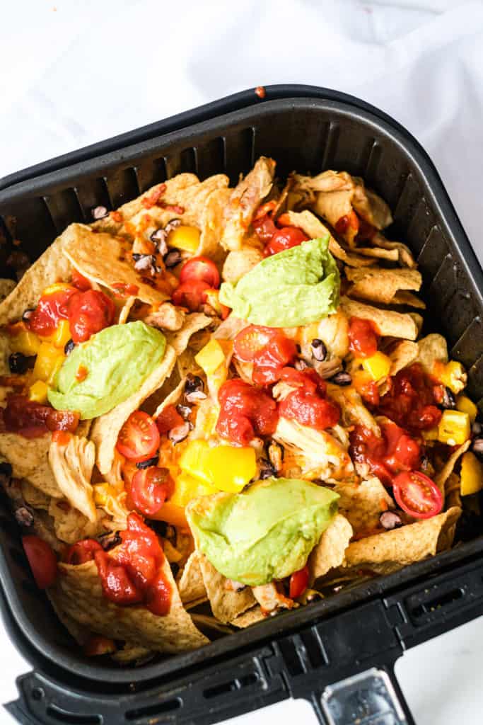 Close up of cooked air fryer loaded nachos
