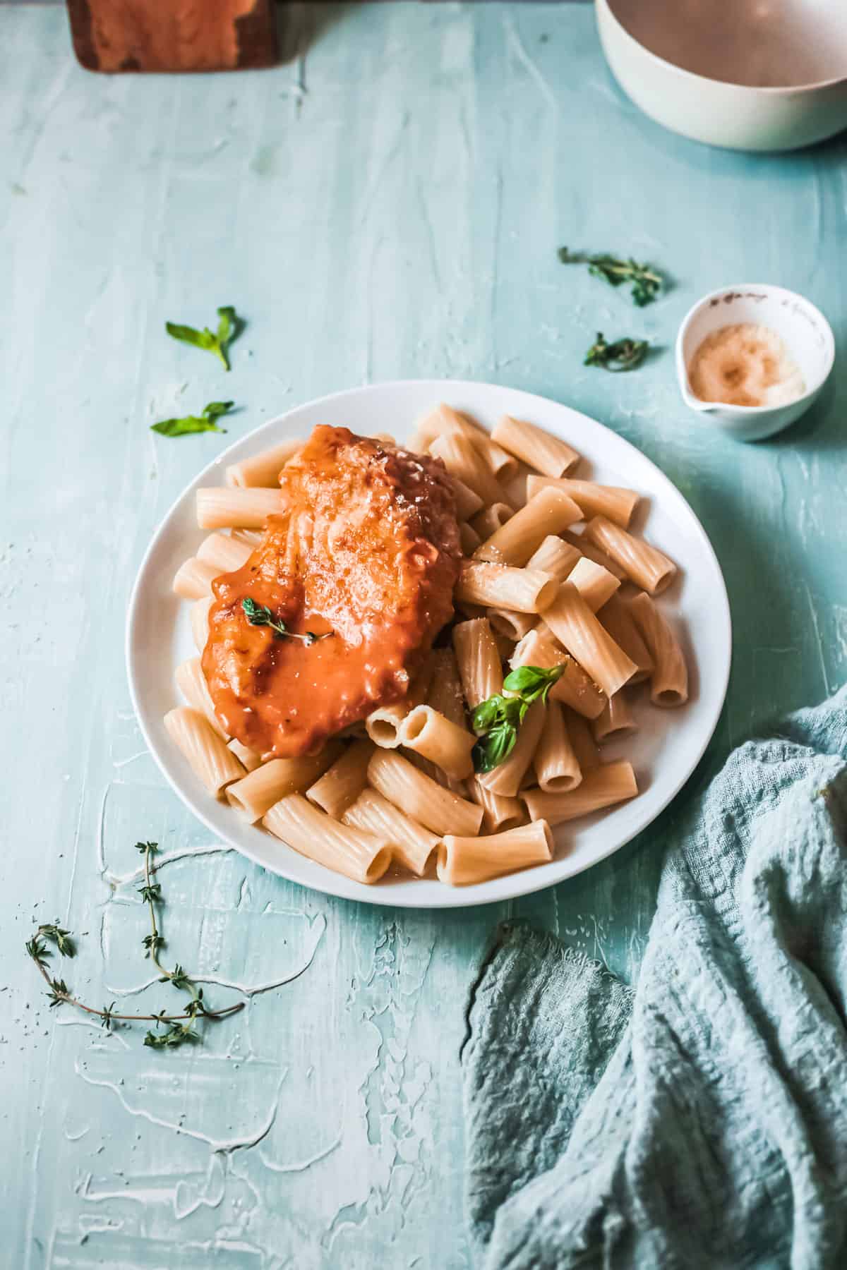 one serving of the completed creamy cajun chicken recipe with pasta noodles