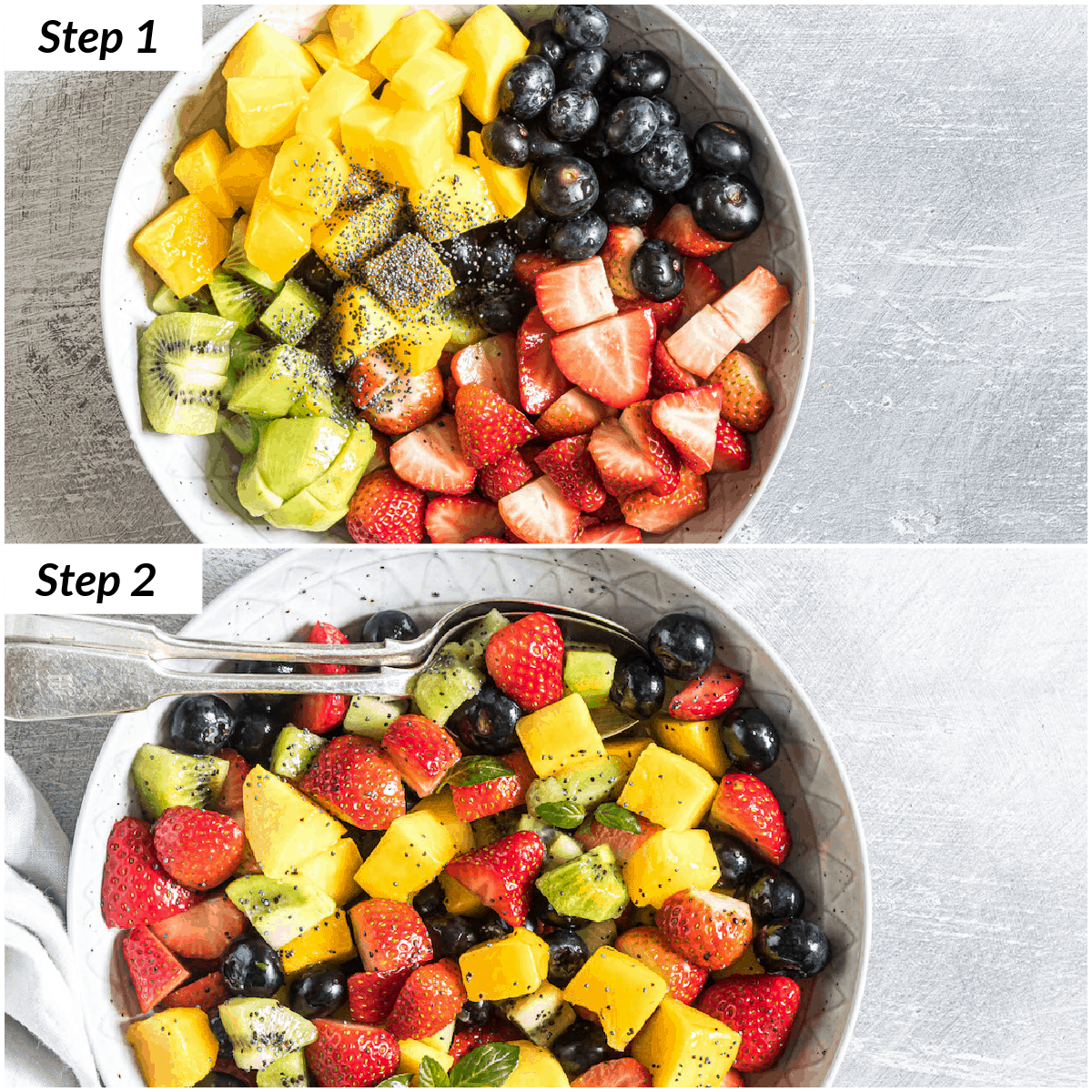 image collage showing the steps for making fruit salad