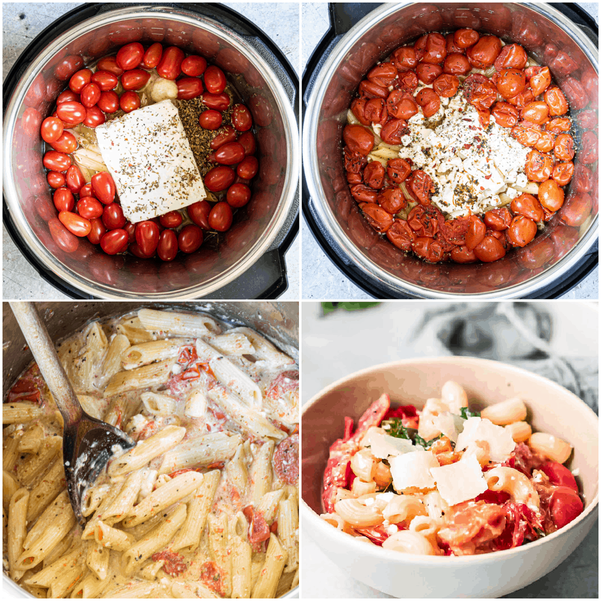 image collage showing the steps for making instant pot baked feta pasta