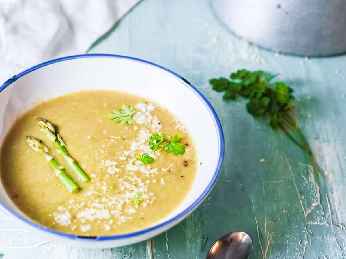 a bowl of the completed instant pot asparagus soup