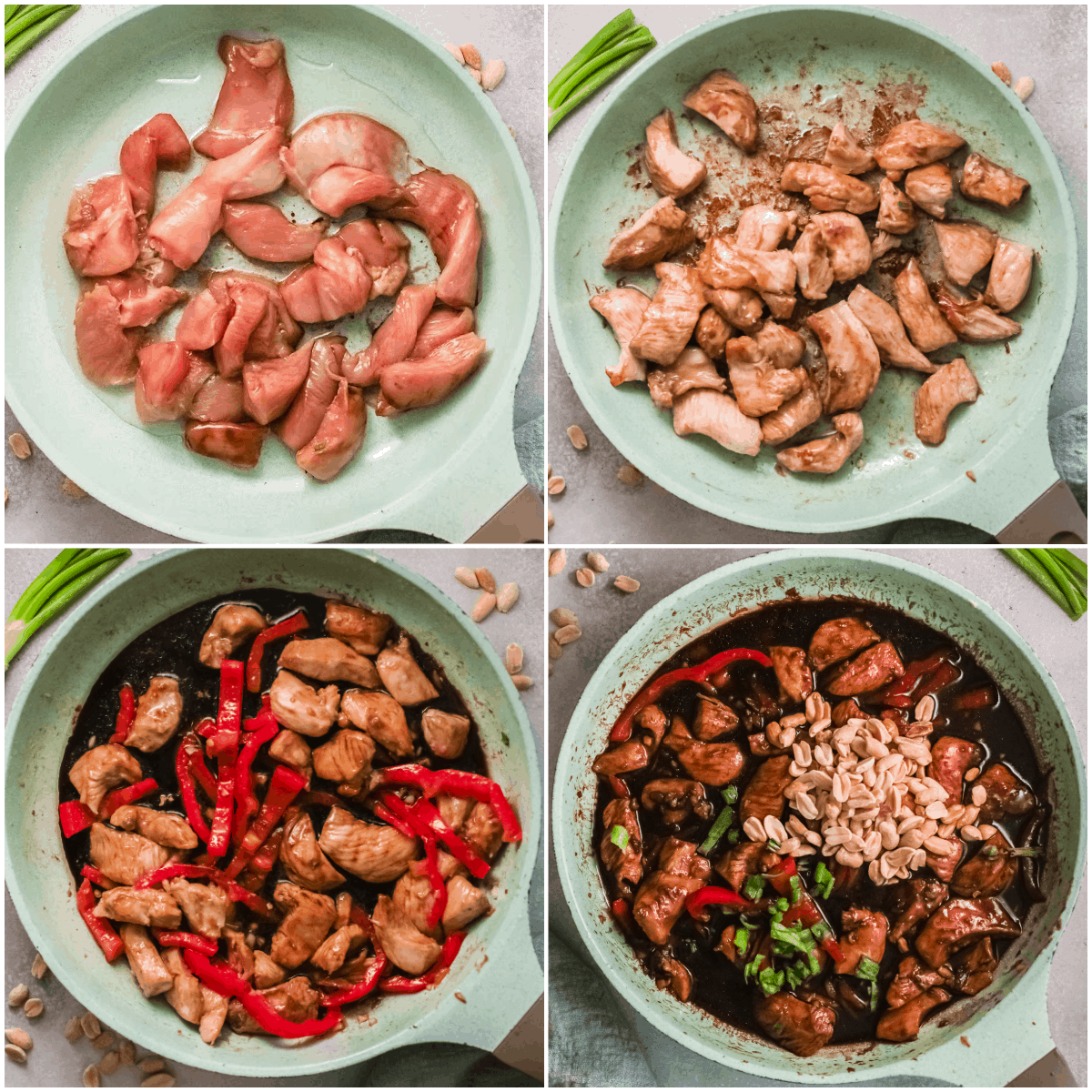 image collage showing the final steps for making kung pao chicken