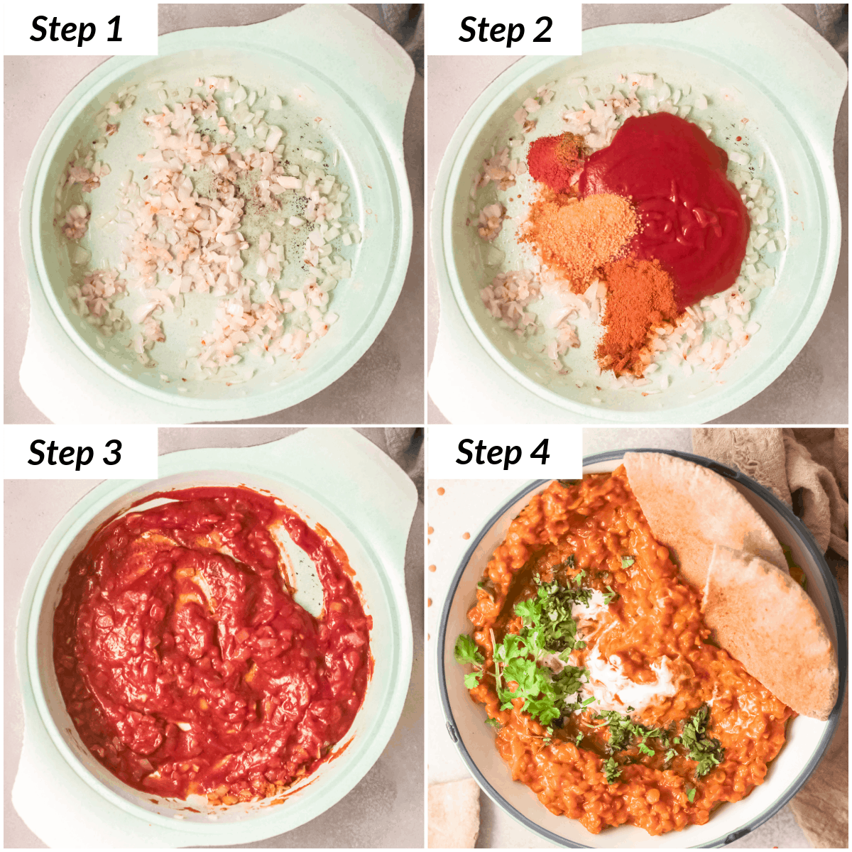 image collage showing the steps for making red lentil curry