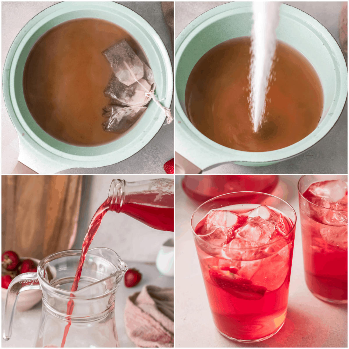 image collage showing the steps for making strawberry sweet tea