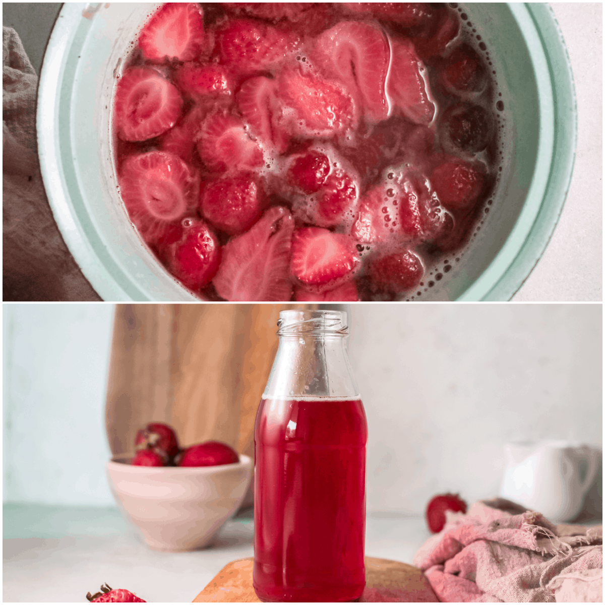image collage showing the steps for making strawberry syrup that is used in this sweet tea recipe