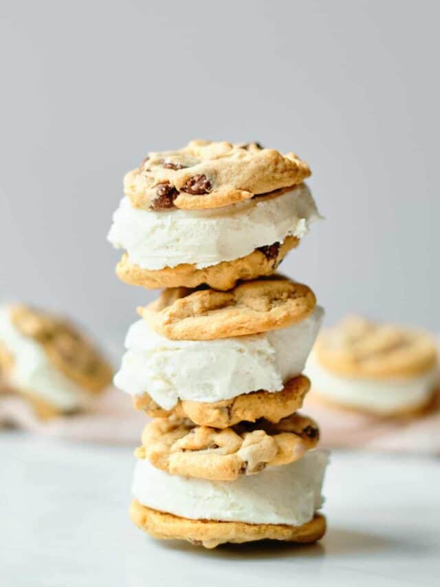 three ice cream cookie sandwiches stacked vertically
