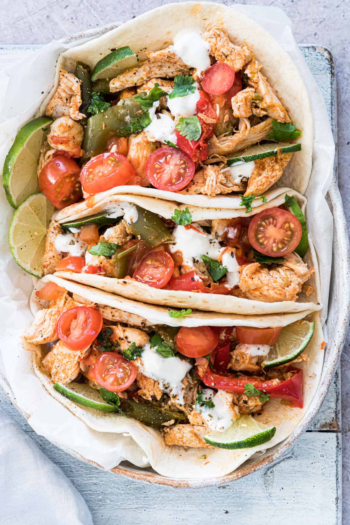 a plate filled with the finished instant pot chicken fajitas