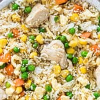 close up view of the completed instant pot chicken fried rice recipe