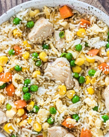 close up view of the completed instant pot chicken fried rice recipe