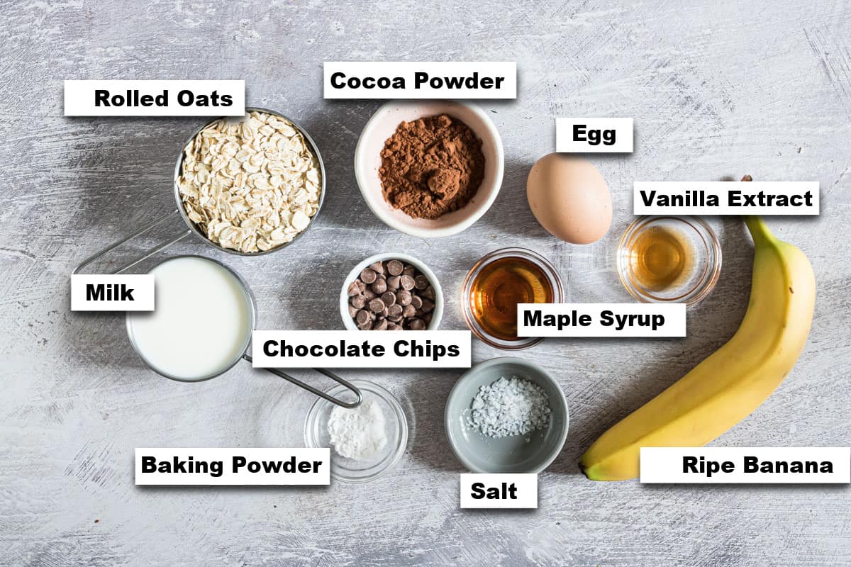 the ingredients needed for making chocolate chip baked oats