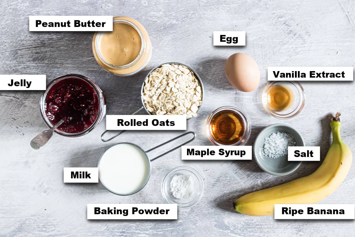 the ingredients needed for making baked oats with peanut butter and jelly