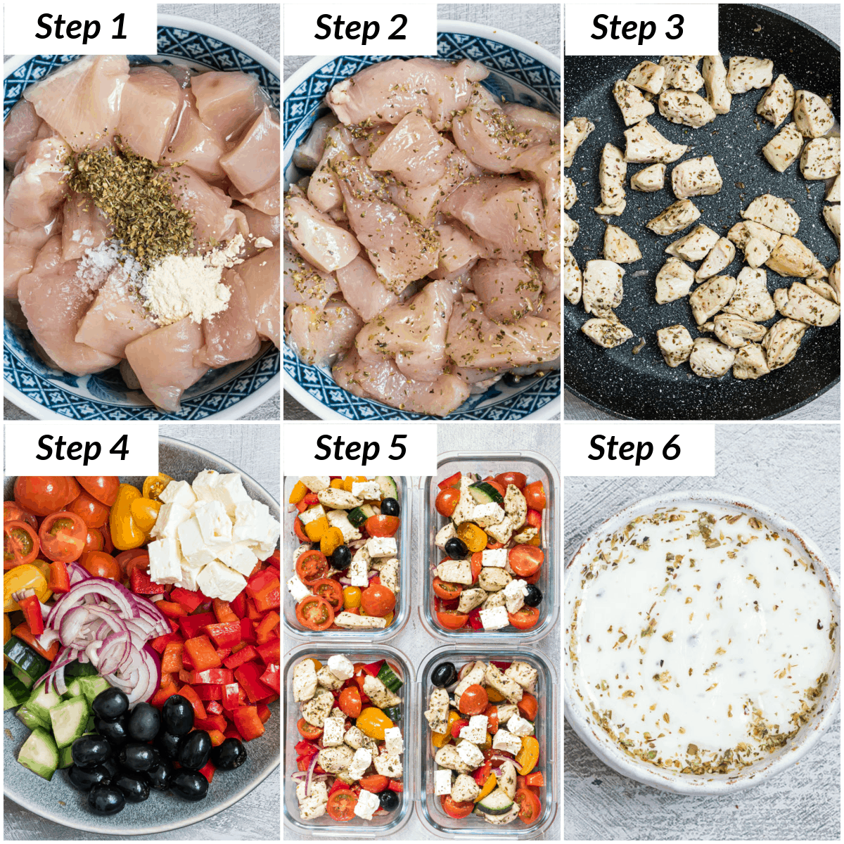 image collage showing the steps for making meal prep bowls greek chicken recipe