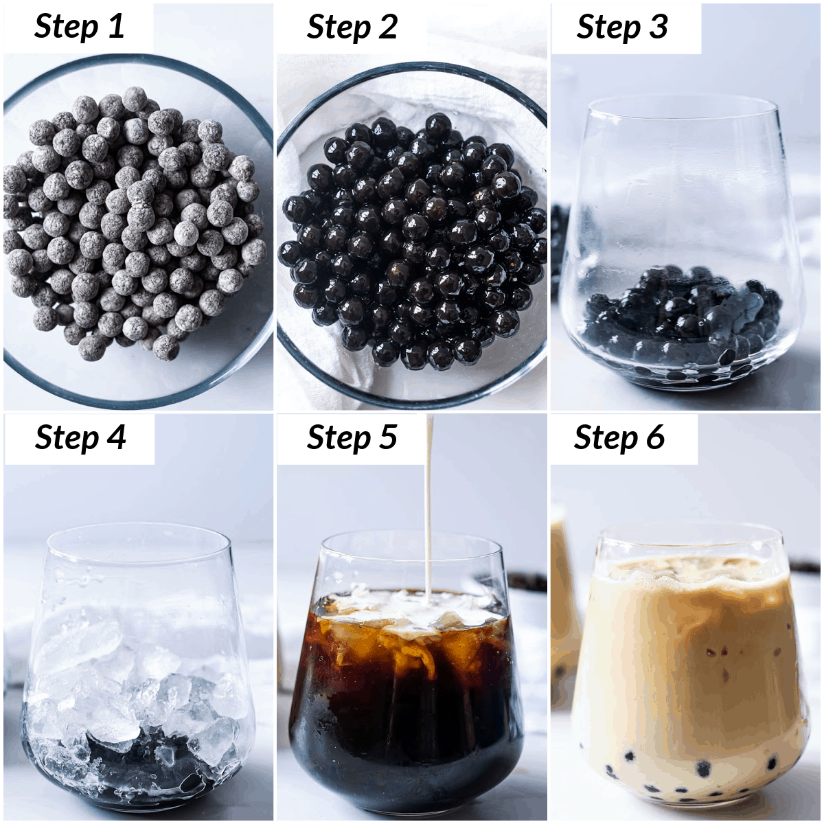image collage showing the steps for making iced boba coffee