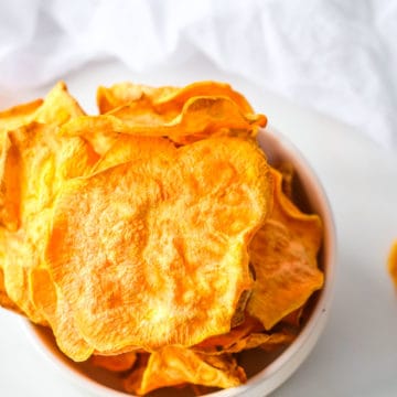 top down view of a stack of completed air fryer sweet potato chips