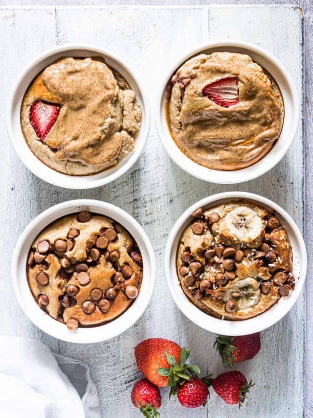three flavor variations of blended baked oats in white ramekins and ready to be served