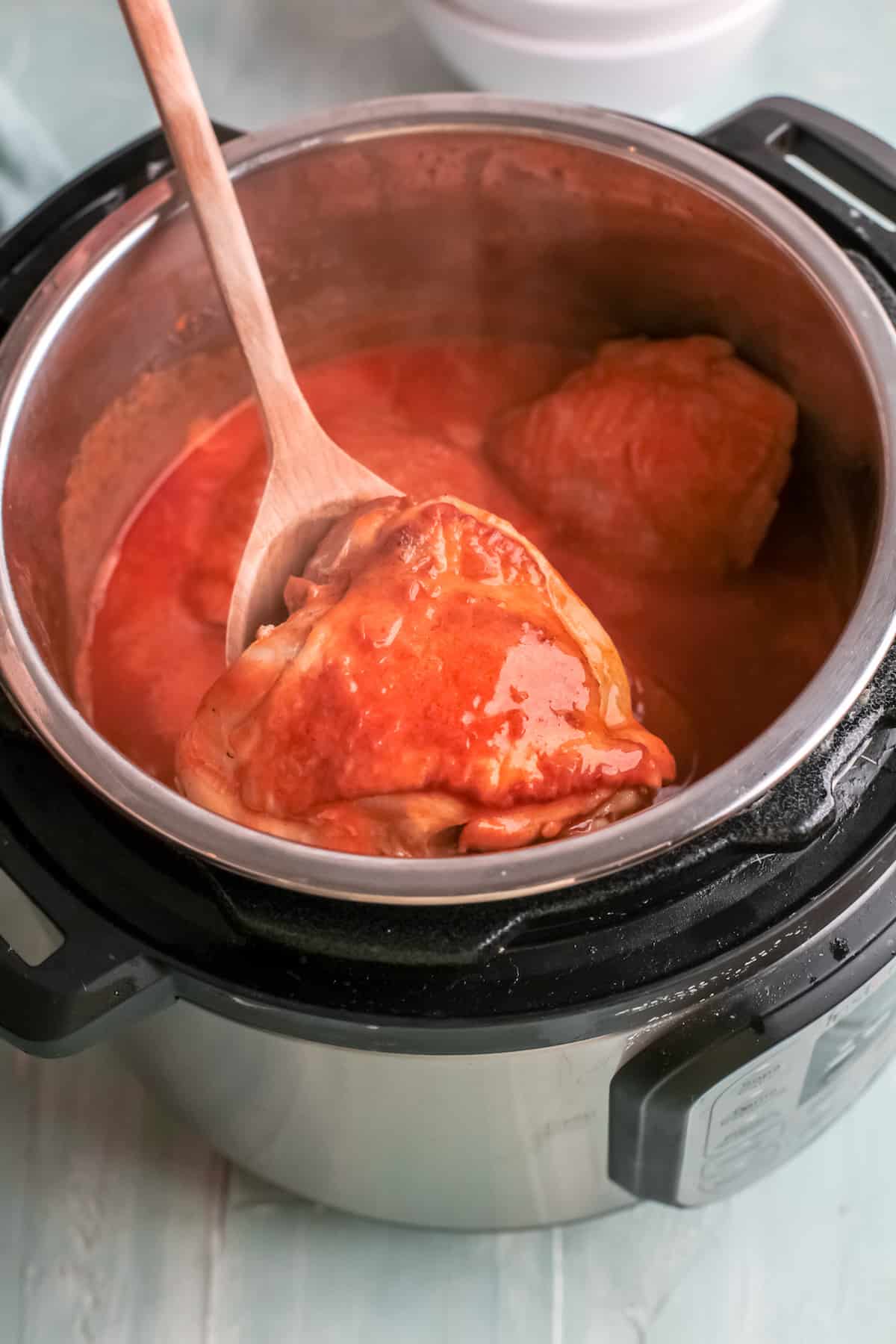 the finished chicken paprikash inside the instant pot