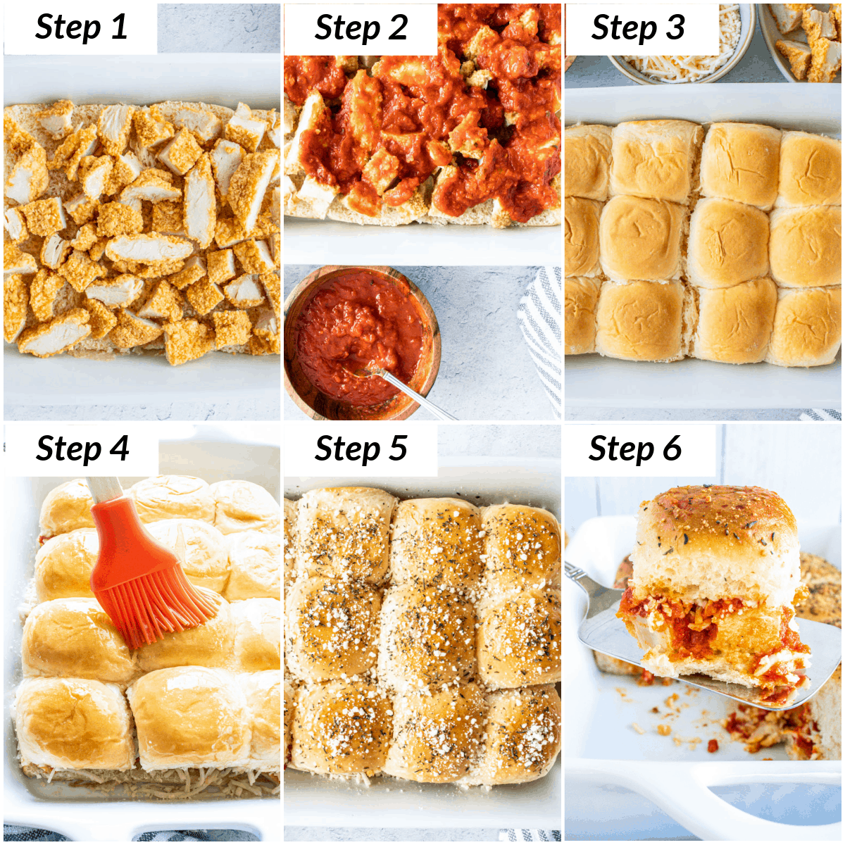 image collage showing the steps for making chicken parmesan sliders