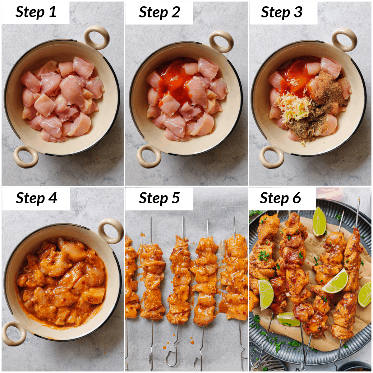 image collage showing the steps for making chicken satay with avocado sauce
