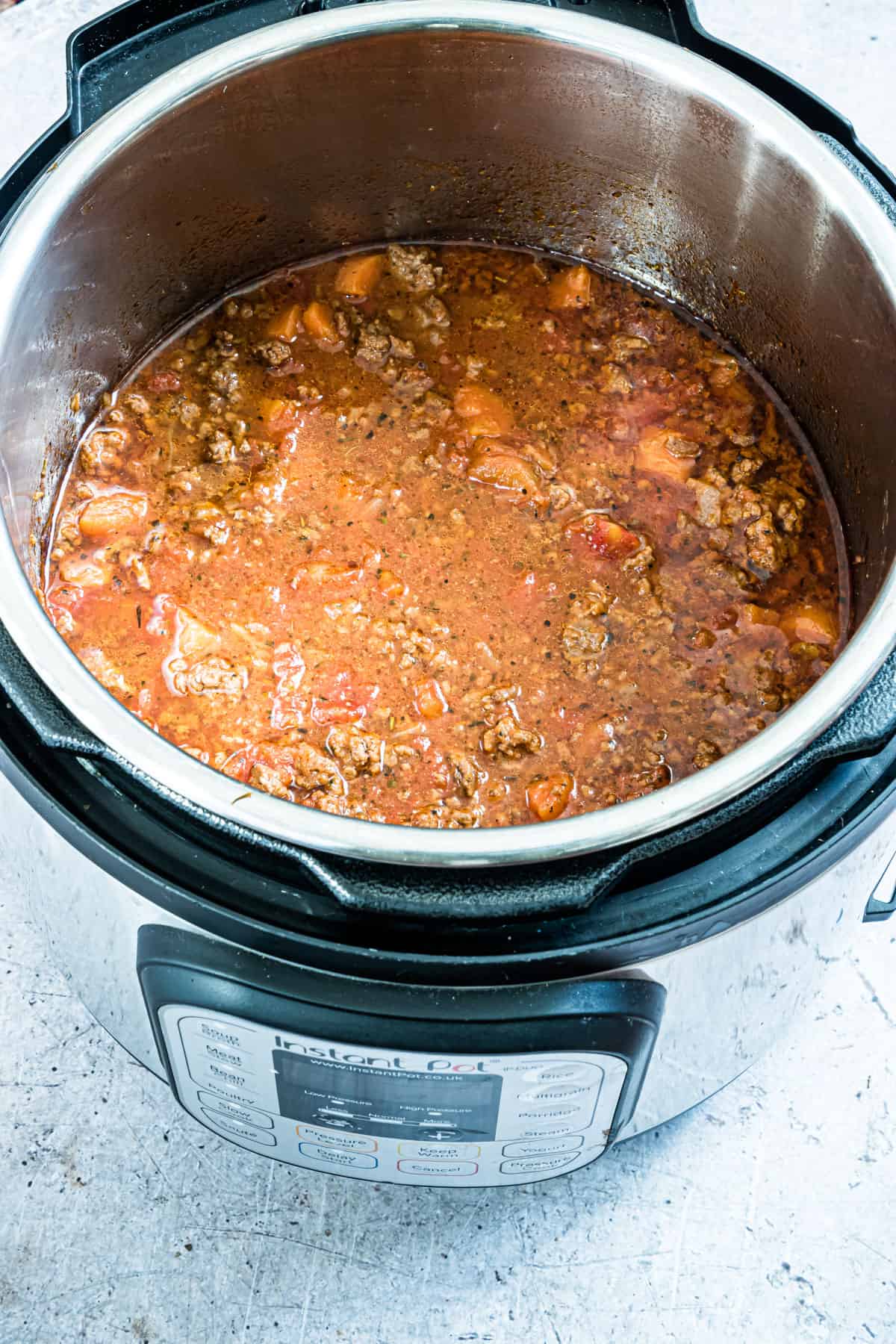 top down view of the completed bolognese sauce inside theinstant pot