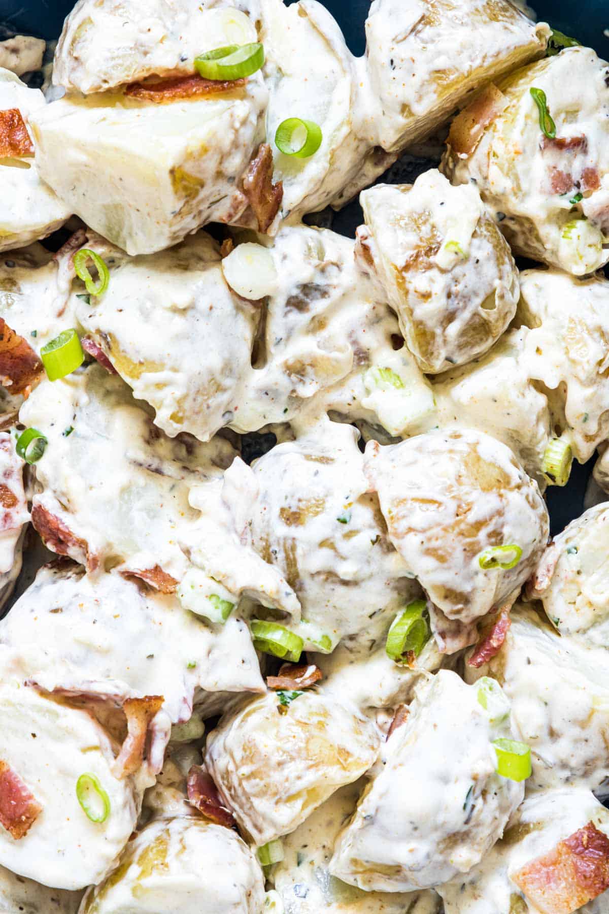 really close up of image of a loaded potato salad with ranch dressing garnished with bacon and green onions