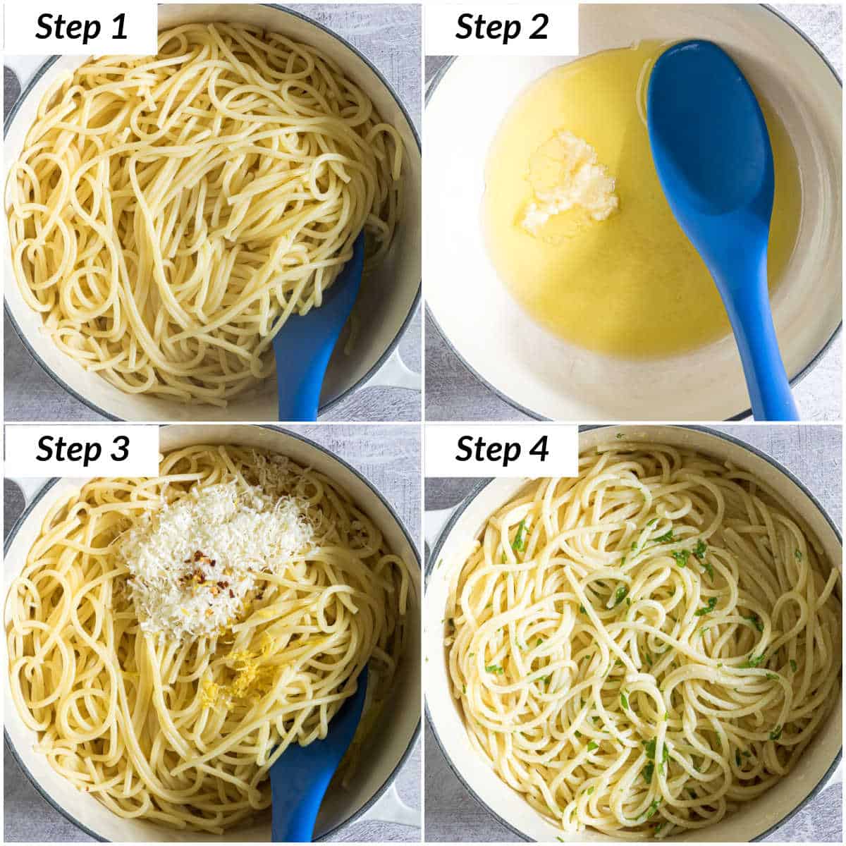 image collage showing the steps for making garlic butter pasta