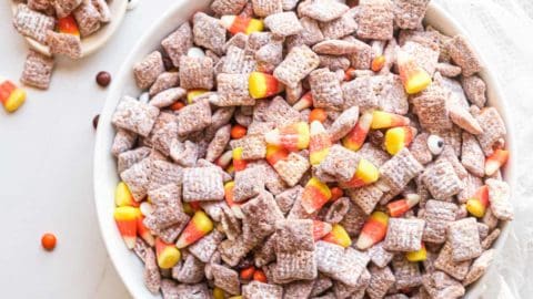 top down view of the finished Halloween Muddy Buddies Recipe